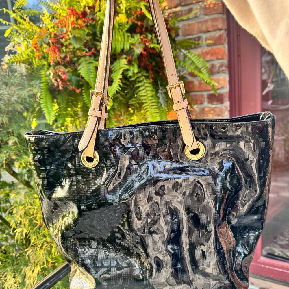 Michael Kors Glossy Black Tote with Tan Straps